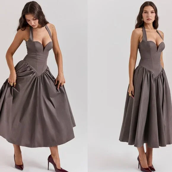 House of CB ‘Coquette' Smoke Halter Midi Dress NWOT - Picture 3 of 11